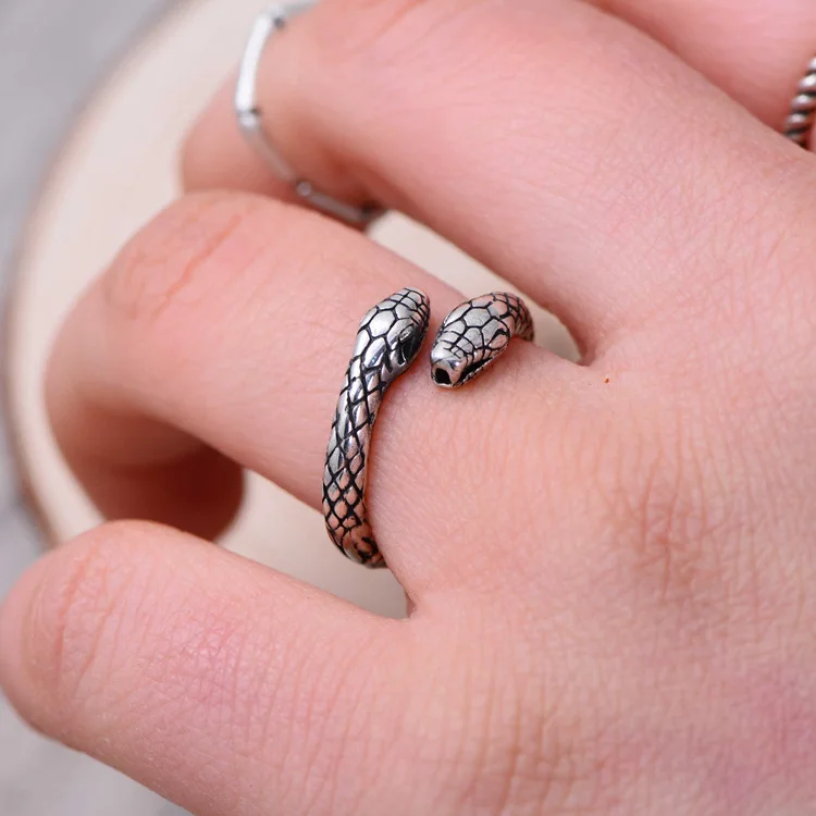 925 Sterling Silver Vintage Double Snake Head Thai Silver Ladies Finger Rings Jewelry Unisex Open Adjustable Size Ring Man,silver ring,silver rings