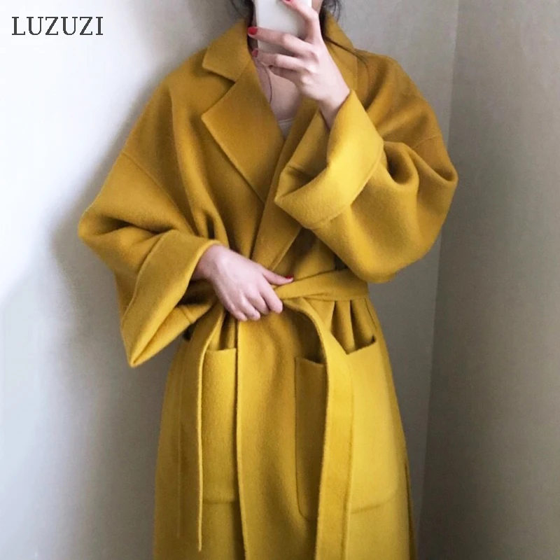 LUZUZI New Winter Coat Female Long Big Pocket Bandage Woolen Coat Women Loose Plus Size Abrigos Mujer Manteau Femme Hiver