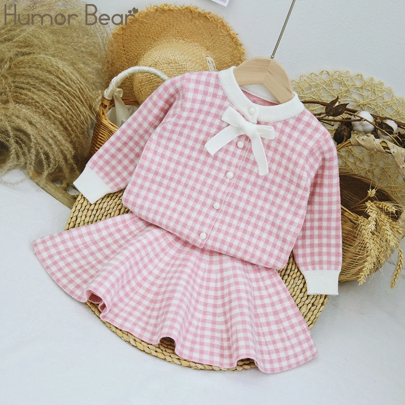 Humor Bear/ осенне-зимний комплект одежды для маленьких девочек, корейский Клетчатый свитер с длинными рукавами и бантом+ юбка, Детский костюм из 2 предметов - Цвет: pink BZ548