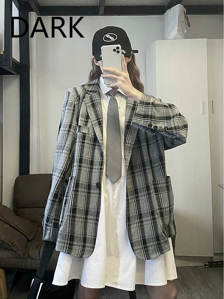 

DARK Retro Little Gray Plaid Suit Jacket Female 2020 Spring And Summer Thin Design Sense