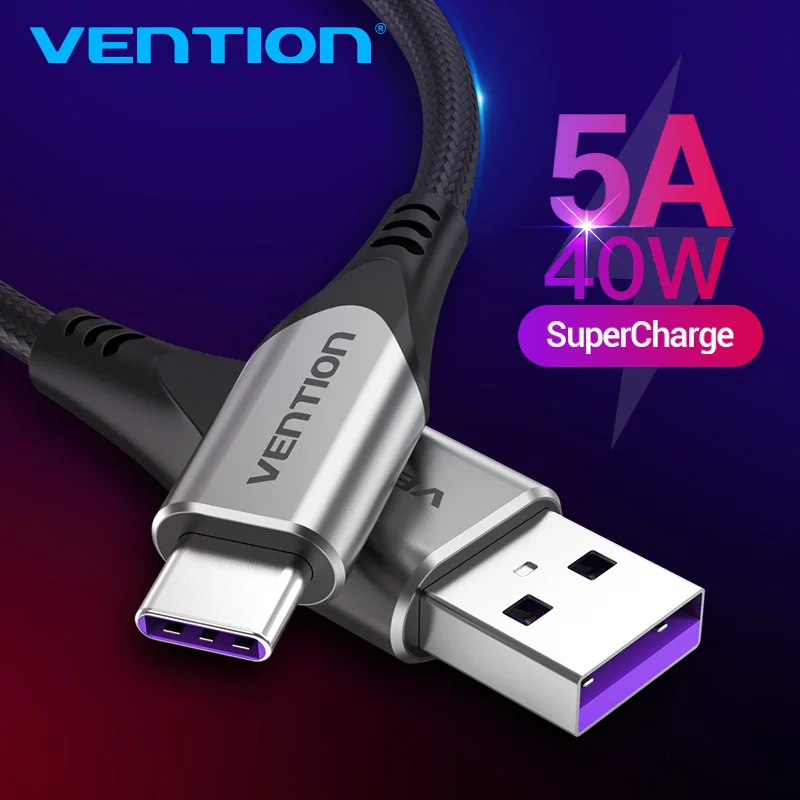Vention 5A USB Type C кабель для Huawei P40 Pro Mate 30 P30 Supercharge 40 Вт Быстрая зарядка 3A USB-C зарядный