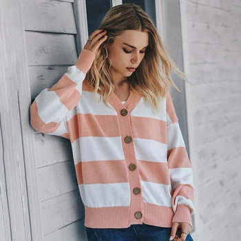 

Fashion woman knitted striped sweater tops V-neck long-sleeved loose single-breasted cardigan coat clothing in fall winter
