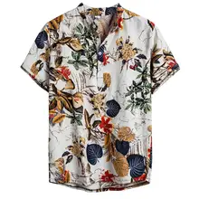 Летняя мужская рубашка с этническим принтом, стоячий воротник, хлопок, лен, в полоску, короткий рукав, свободная гавайская рубашка на пуговицах, гавайская рубашка