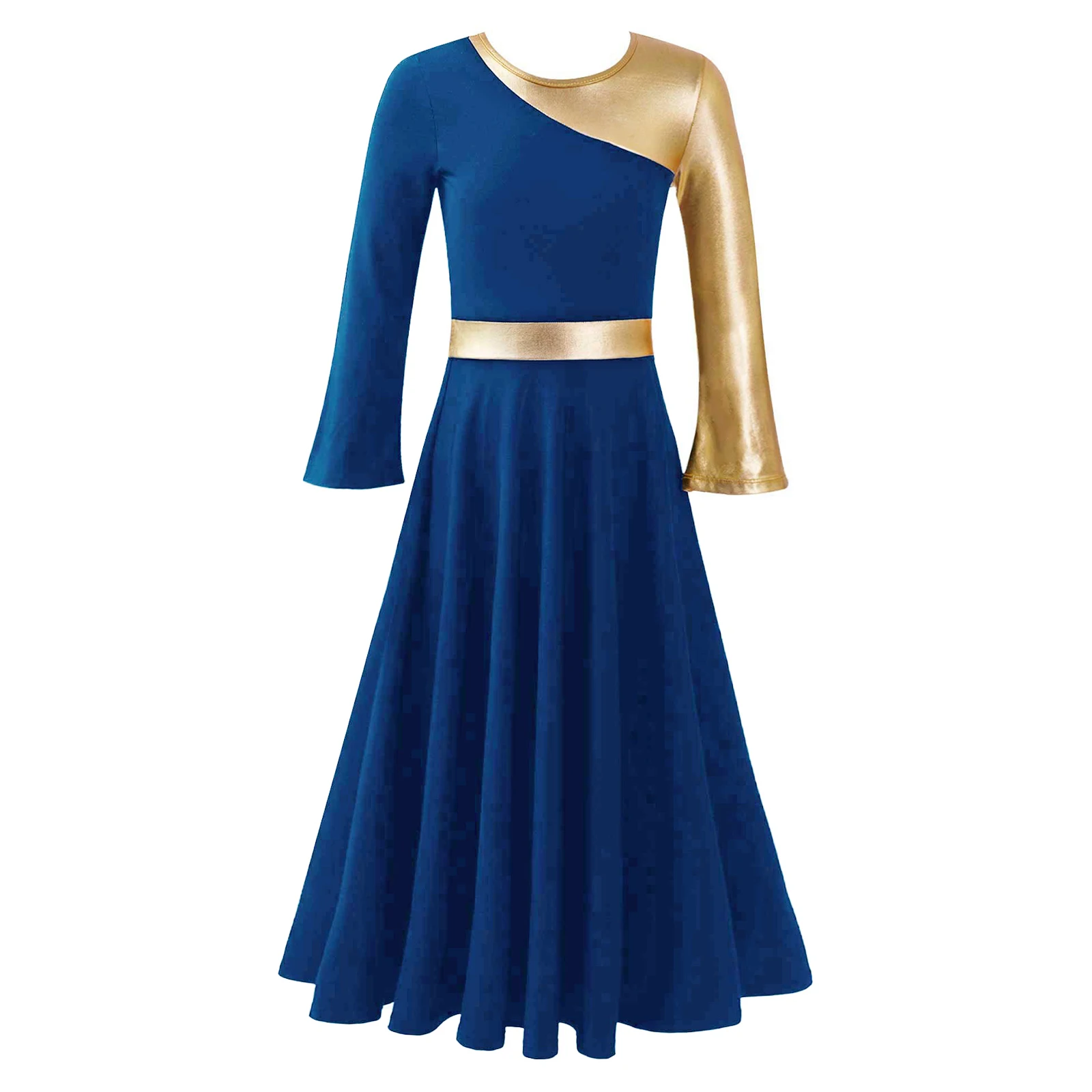 

Kids Girls Lyrical Dance Dress Church Liturgical Praise Costume Long Sleeve Metallic Contemporary Stage Performance Dancewear