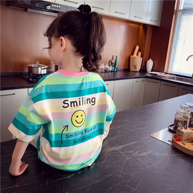 supreme shirt Girls short sleeve T-shirt summer smile face children's leisure half sleeve cotton t-shirts children's striped tees P5156 vintage t shirts