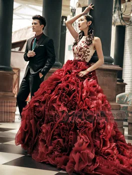 

free shipping bandage dress 2016 lace appliques brides maid luxury ball gown organza Brautkleid in rhinestone red wedding dress