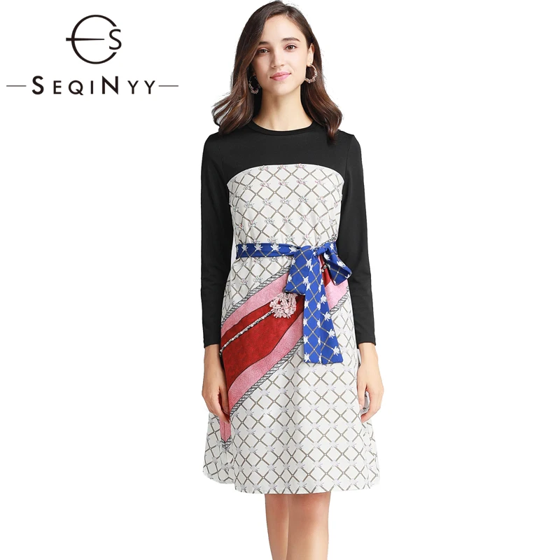 

SEQINYY Sheath Slim Dress 2020 Summer Spring New Fashion Design Flowers Printed Contrast Color Knee Dress Women