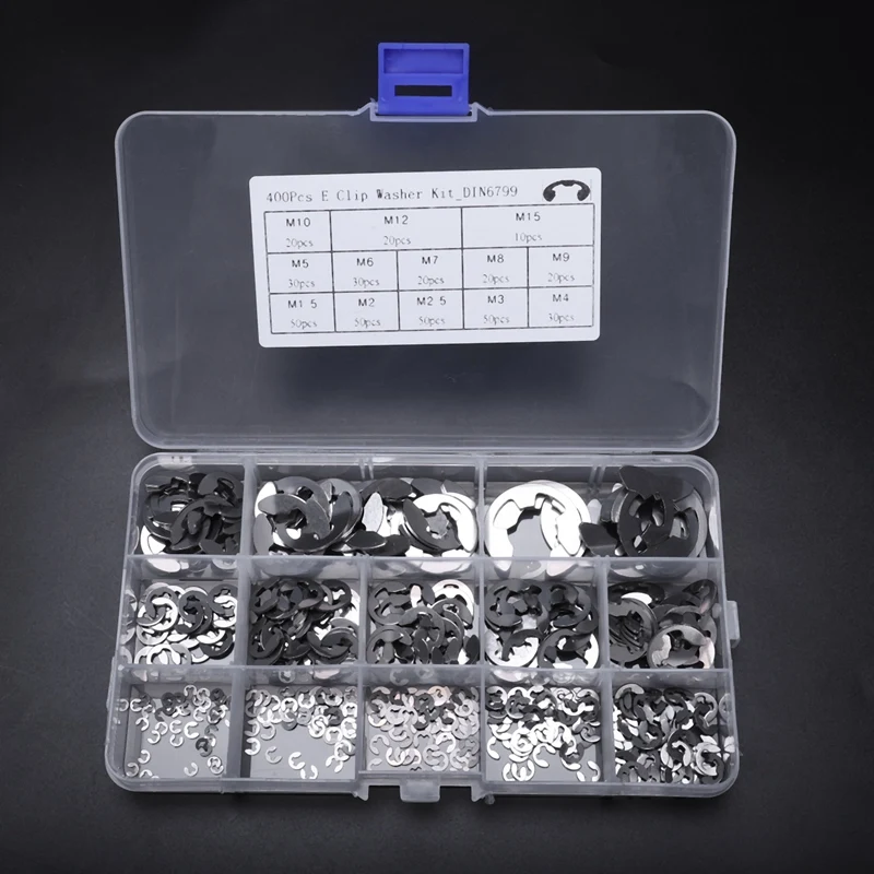 

400Pcs Washer Internal 13 Size Stainless Steel Circlip Rust Resistance E-Clip Assortment Kit Retaining Ring Set M1.5-M15 Opening
