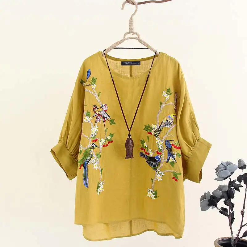 Осенняя вышитая блузка ZANZEA женские рубашки с 3/4 рукавами винтажные повседневные хлопковые свободные вечерние блузки с круглым вырезом женские блузки - Цвет: Цвет: желтый
