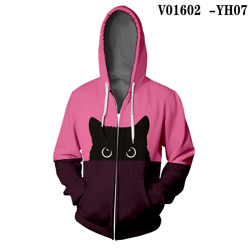 kawaii Black Cat fashion Zipper Hoodie Casual Two-tone Split Color Print Woman 3D Colorful Hooded Cute Pussy Zipper Sweatshirt - Цвет: V01602