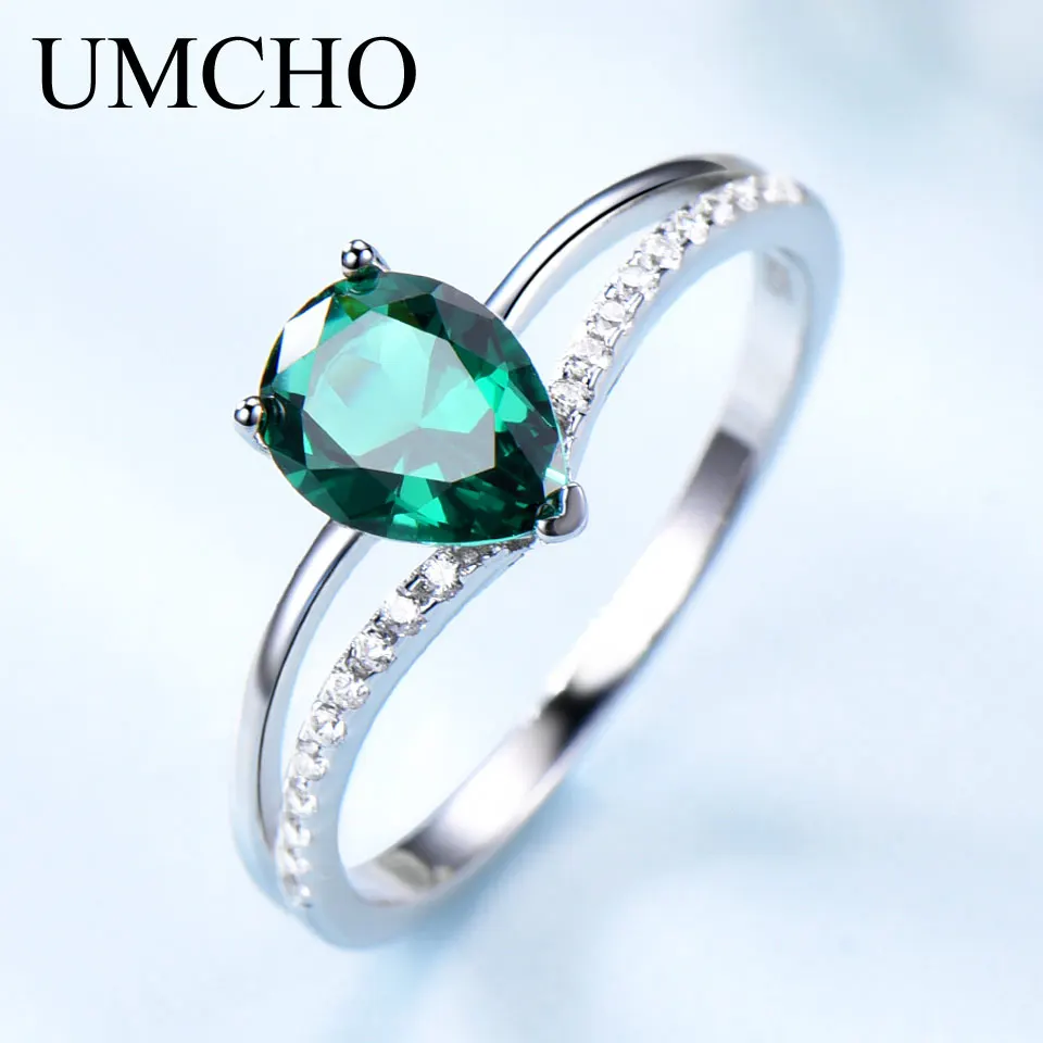 UMCHO Green Emerald Gemstone Rings for Women 925 Sterling Silver Jewelry Romantic Classic Water Drop Ring Valentine's Day Gift
