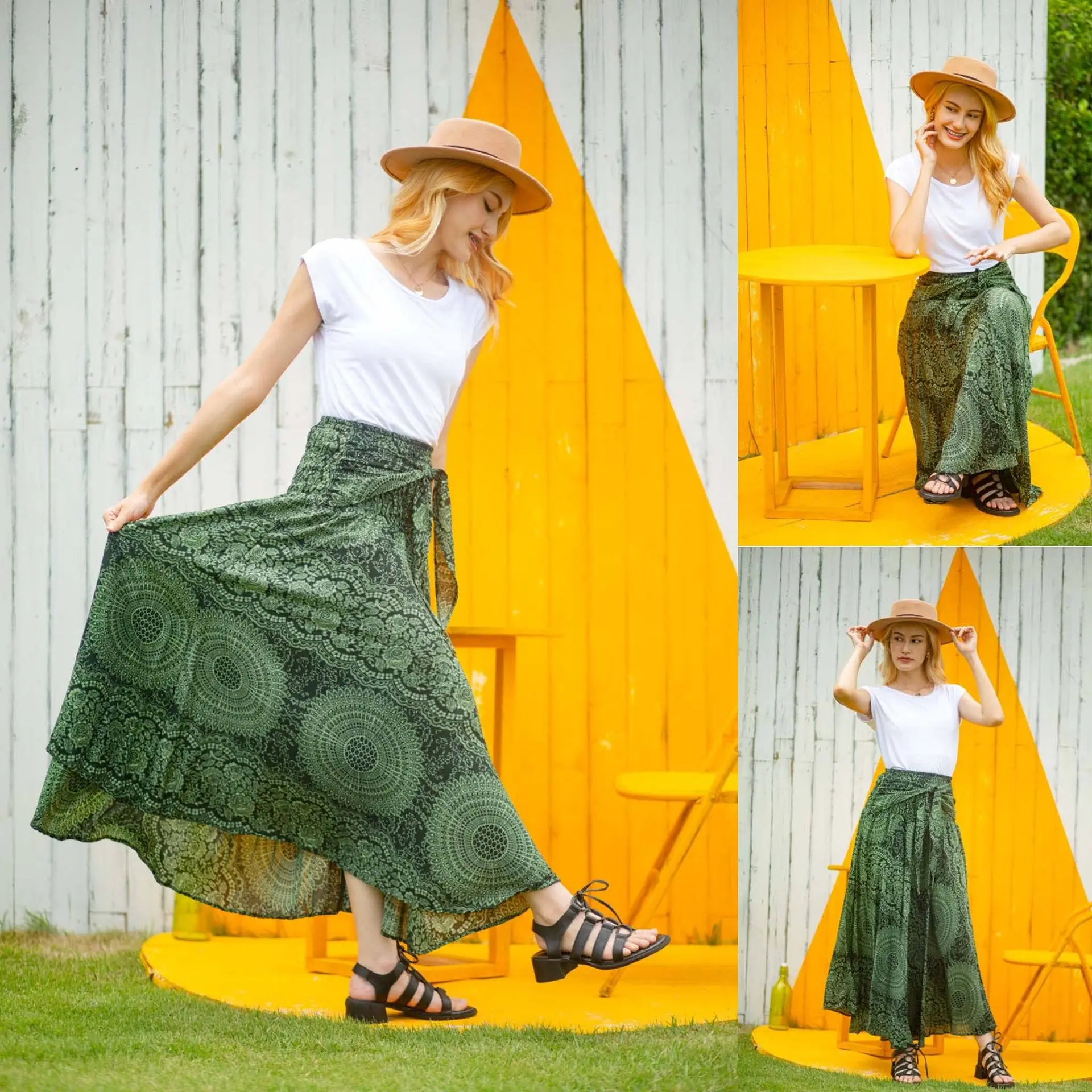 Women Unique Style Bohemian Long Skirt Elastic High Waist Big Hem Tie-Up Skirt For Beach Seaside Vacation Fashionable Charming sheer bathing suit cover up