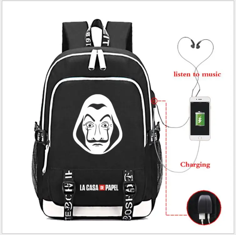 Бумажный вместительный рюкзак для студентов, USB зарядка, Mochilas La Casa De Papel, дорожная школьная сумка, повседневный рюкзак для ноутбука - Цвет: as pictures