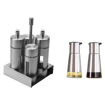 

Controllable Oil and Vinegar Dispenser 2 Packs with 5Pcs/Set Stainless Steel Spice Rack Cruet Condiment Spice Jars Set