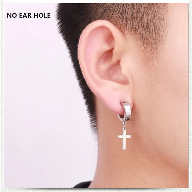 silver no ear hole Tanggujin 1 шт. Панк Крест Подвеска круглой формы Висячие серьги для женщин Рок мужчин простые из нержавеющей стали висячие серьги ювелирные изделия - Окраска металла: silver no ear hole