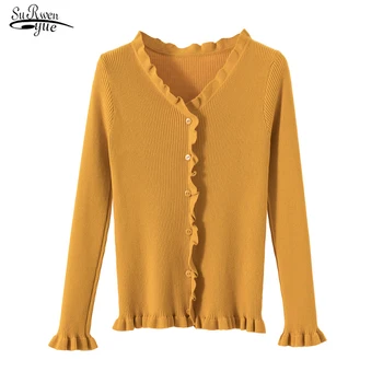 

New Lotus Edge Knitted Sweaters bottoming shirt Fashion lotus leaf sleeve knited cardigan office lady solid cardigan 7252 50