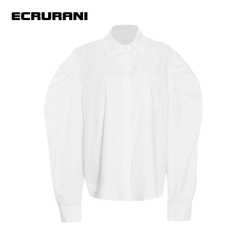 

ECRURANI White Casual Shirts For Women Lapel Collar Long Sleeve Single Breasted Solid Blouses Female Summer Clothing 2021 Style
