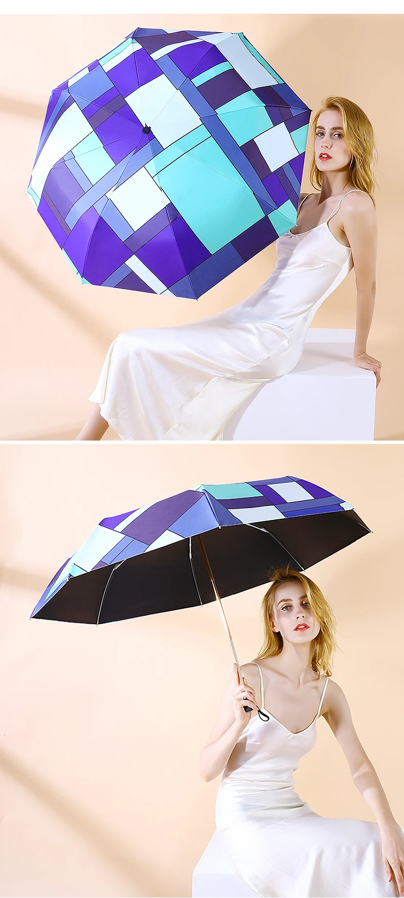 High Quality Elegant Stitching Lattice Three-folding Umbrella Rain Women Luxury Golden Umbrella Strong Windproof Parasol