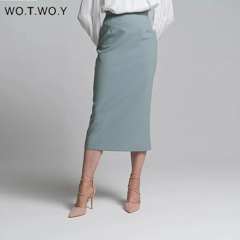 Skirts Women Elegant High-Waist WOTWOY Office Lady Wrapped Female Solid Pencil Mid-Calf