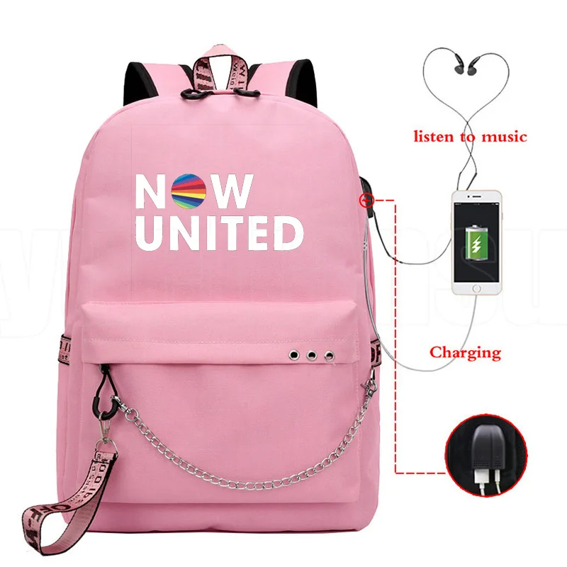 Now United Schoolbag Backpack USB Charging UN Team Backpack School Bags for Teenage Girls Now United Lyrics Zipper Bookbag