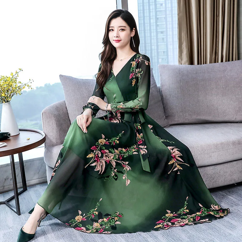 

Vintage Floral Dress Green Blue Women Big Swing Vestidos Plus Size V Neck Chiffon Dress Midi Long Self Belt Bowtie Elegant Robe