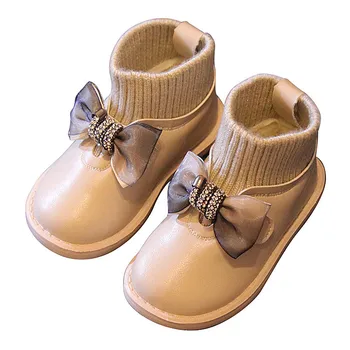 

2019 Baby Girls Winter Boots size 21-25 Little Girls Crystal Bow-knot Shoes Children Ankle Boots Plush Kid Outdoor Shoes Soft