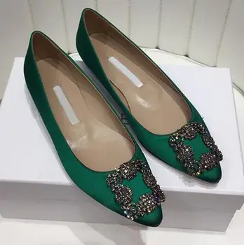 

women flat shoes Satin flat sole pointed wedding shoes red bridal banquet Rhinestone Buckle single shoes 35-42