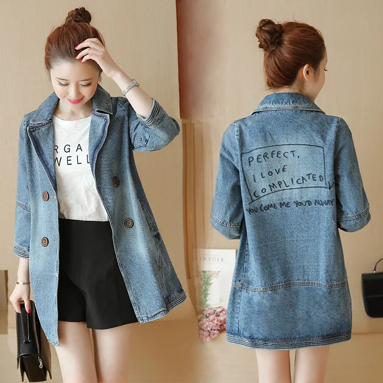 

2019 Spring New Style Versatile Korean-style Slimming Loose Casual Three-quarter-length Sleeve Denim Windbreaker Coat Women's Fa