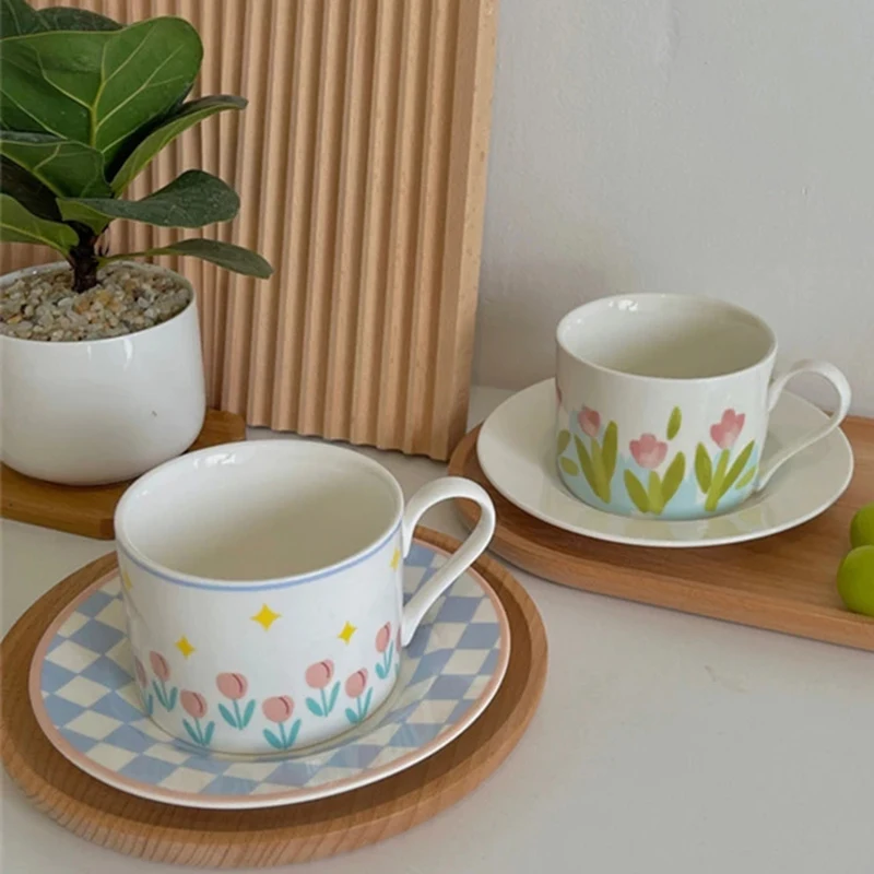 New Vintage Flower Ceramic Coffee Cup Saucer 250mL Kitchen Breakfast Drinking Milk Tea Set Reusable Decorative Tableware | Дом и сад
