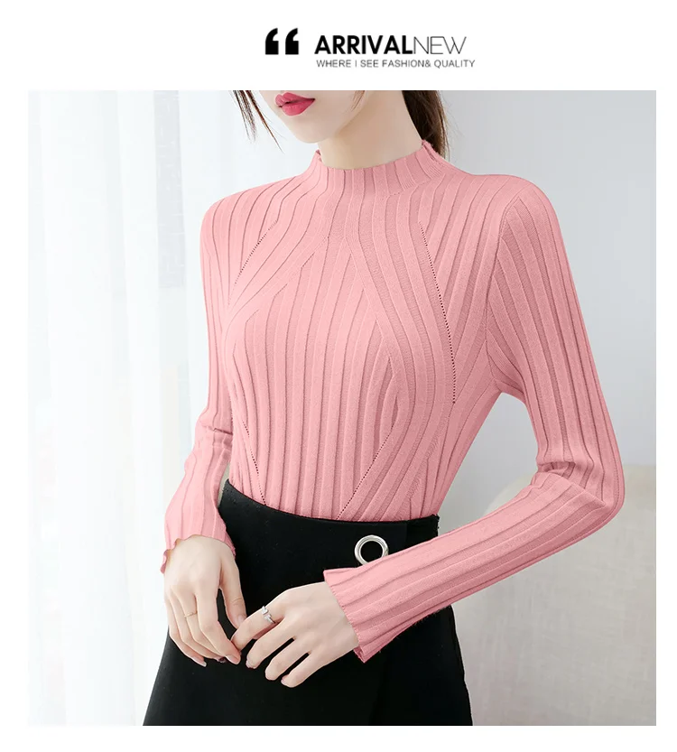 Pull Femme, новинка, пуловер с длинным рукавом, однотонный джемпер, вязаный свитер, Женский Повседневный тонкий свитер с высоким воротом, женская зимняя одежда, 6999 50