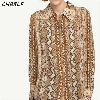 

CHBBLF women elegant turn-down collar blouse hit color snake pattern single breasted female fashion casual chic tops XDN9101