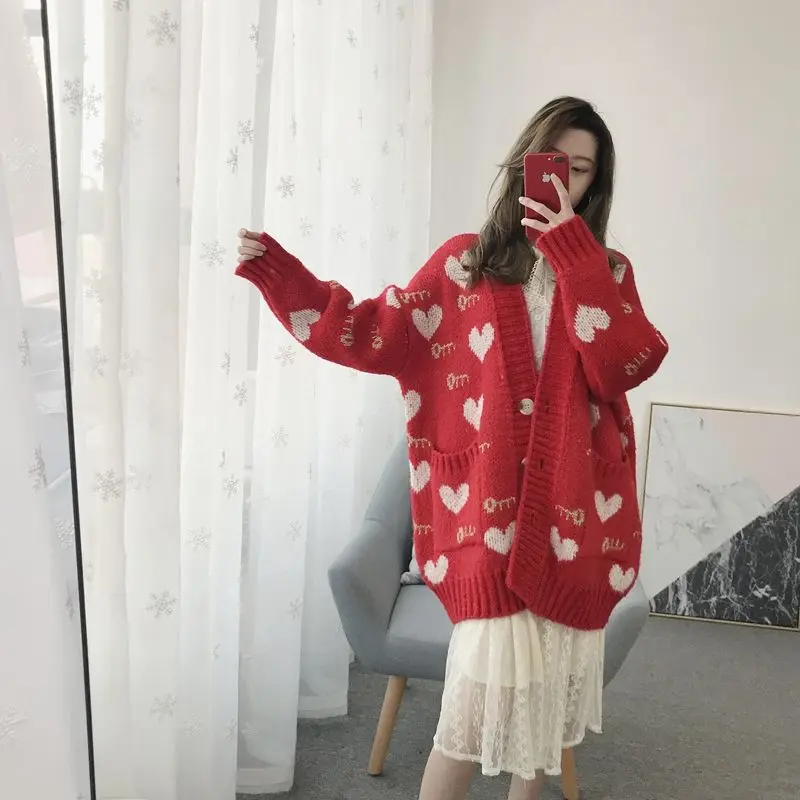 Кардиганы женские красные с принтом Kawaii однобортные свободные 2XL корейский стиль Harajuku шикарная женская одежда вязаный свитер Повседневный