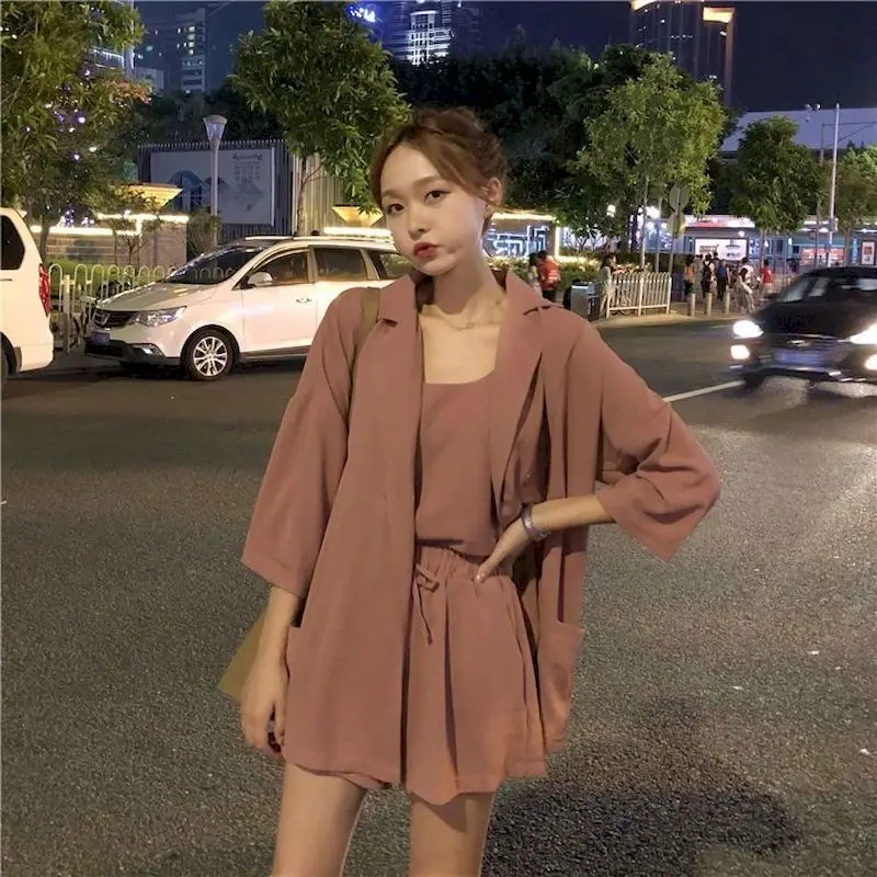 2023 Spring Summer New Women's Casual Outfit Korean Fashion Three Piece Sets Small Sling Suit Jacket High Waist Short Pants Suit