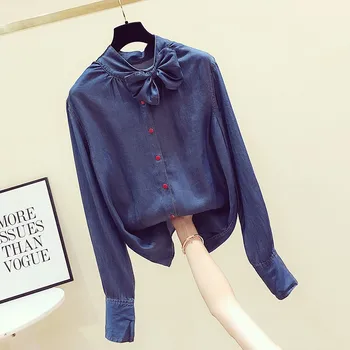 

2019 Autumn Denim Shirt Women New Fashion Butterfly Knot Collar Long-sleeved Denim Blouse Female Leisure Cowboy Blusas Coat Tops