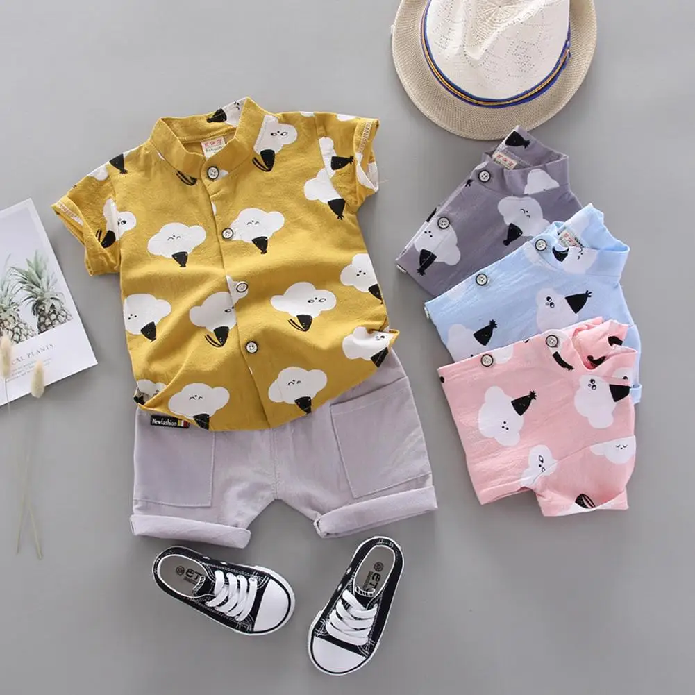 

2pcs/set Boy T-shirt Kids Summer Pure Cotton Stand Collar Short Sleeve Shirt + Shorts Suit Kids Boy Short Set