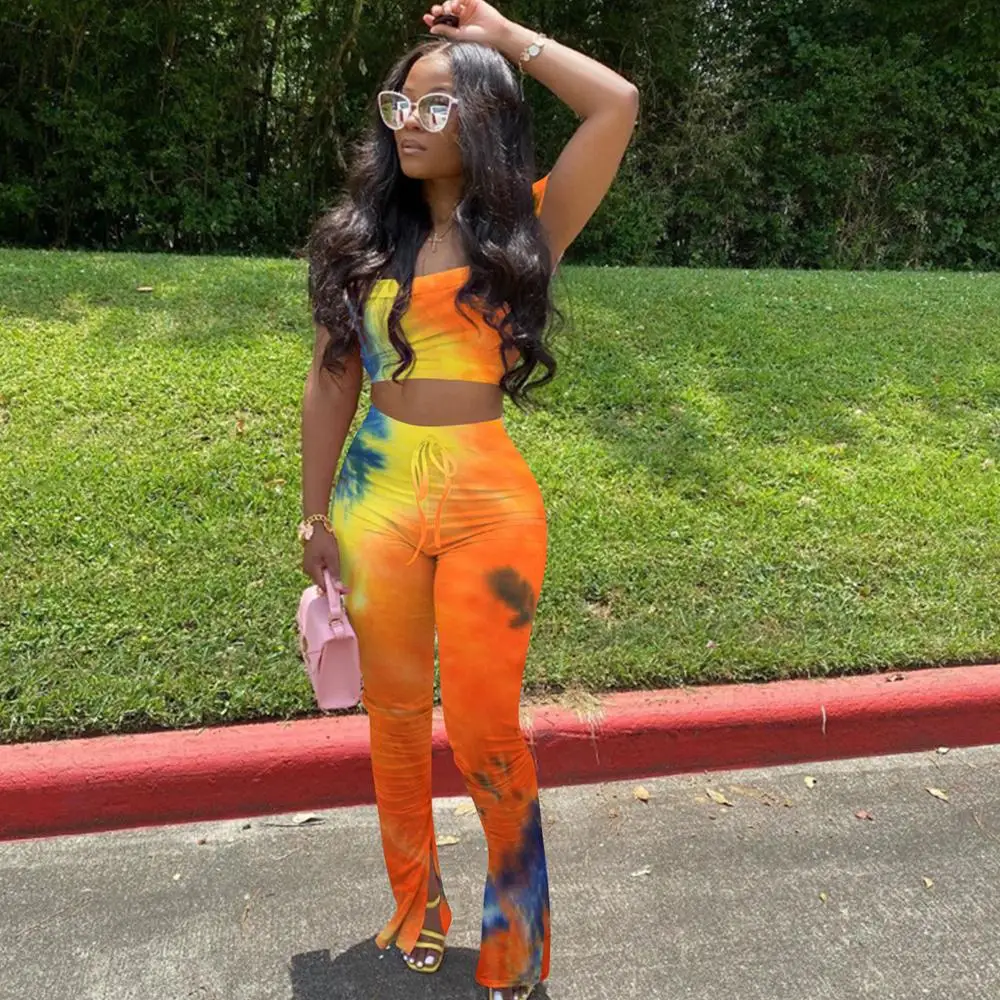 

Women summer tie dye print strapless crop top flare split jogger sweatpants suit two piece set sport matching set outfit