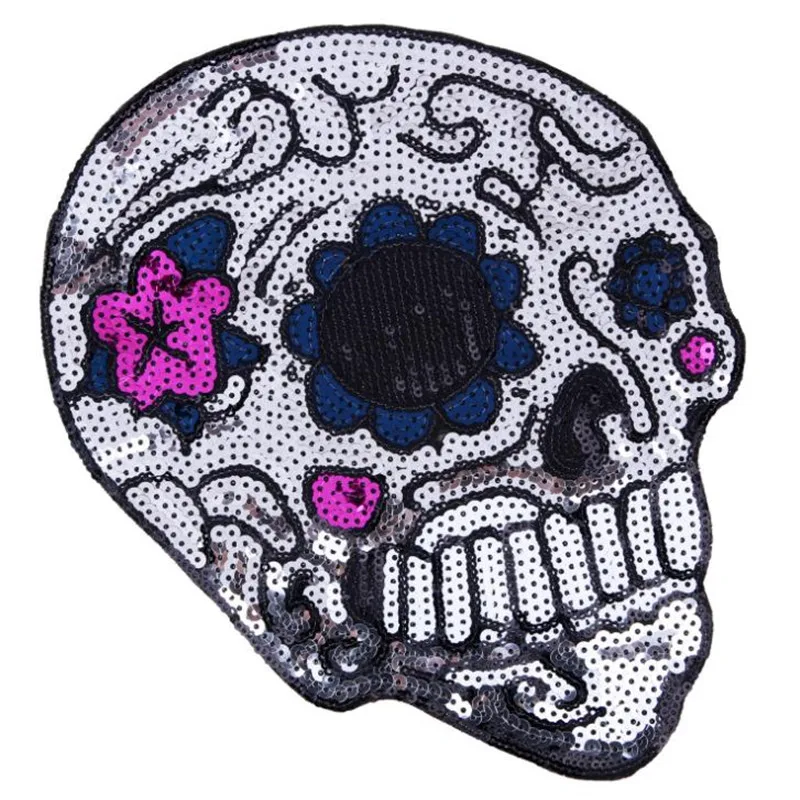 

T shirt Women punk patch silver sequins fabric 232mm skull head deal with it iron on patches for clothing stickers free shipping
