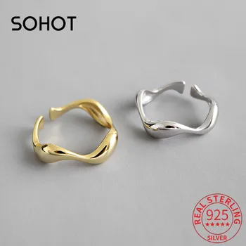 

SOHOT Authentic 925 Sterling Silver Irregular Wave Opened Women Charm Ring Chic Gold Silver Color Female Birthday Fine Jewelry
