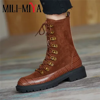

MILI-MIYA Fashion Design Martin Shoes Women Cow Leather Ankle Boots Round Toe Square Heels Zippers Slip-On Plus Size 34-40