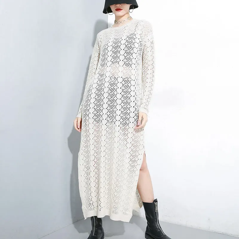 

Sexy See Through Knit Dresses Hollow Out Auutmn New Slim Knitwear Women Slim Maxi Dress Side Slit Long Sleeve Korean LT946S30