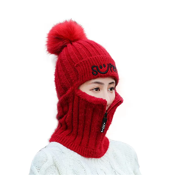 red Модная Новая женская зимняя шапка, вязаная шерстяная шапка, женская маска, плотное бархатное пальто, велосипедная шапка - Цвет: red