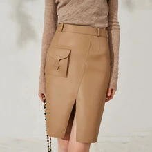 Женские юбки из натуральной кожи,, овчина, один карман, дизайн, уличный стиль, одноцветные, с разрезом, юбки, новая мода