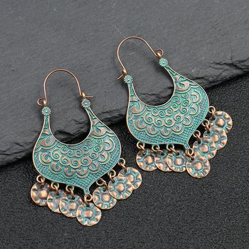 

Ethnic Tribal Hippy Verdigris Patina Hammered Round Tassel Hoop Earring Antique Copper Bohemian Statement Women Jewelry