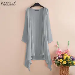 Women's Summer Blouse Cover Up ZANZEA Elegant Solid Cardigans Casual Long Sleeve Irregular Tops Beach Kimono