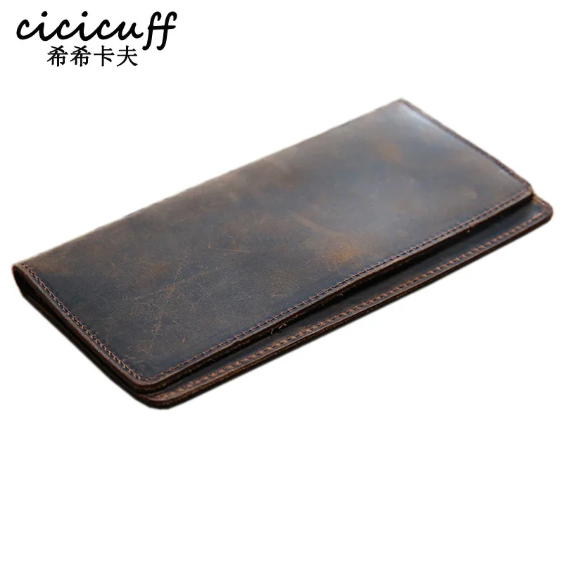 Thin Simple Money Clip for Men Crazy Horse Genuine Leather Holders for Checkbooks Vintage Leather Long Wallets Slim Billfold