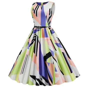 

Summer Dress Vintage A-line Elegant Slim Party Dresses Plus Size Robe Femme Print High Waist Floral Women Red Lips