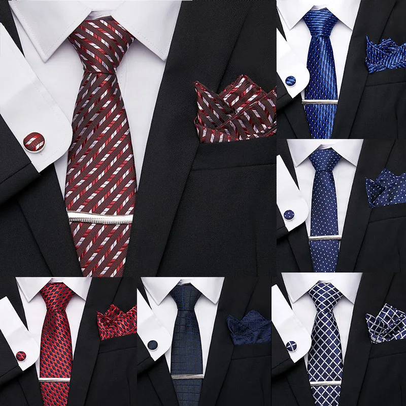 

Wedding 7.5cm 100%Silk Tie Red Stripe Lattice Necktie Clip Handkerchief Cufflink Necktie Set Luxury Wedding Mens Classic Ties