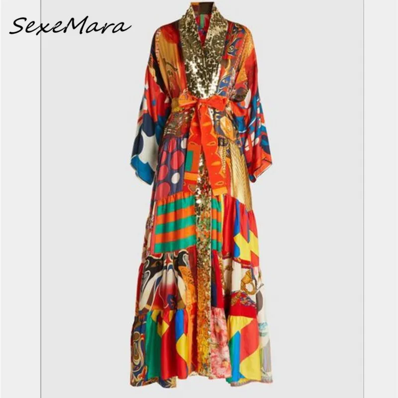 

Autumn Fashion 2019 Vintage Print Women DressTurn-down Collar Sashes Long Sleeve Maxi Dress