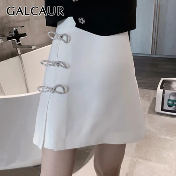

GALCAUR Patchwork Bowknot Diamonds Skirt For Women High Waist Large Size Casual Mini Skirts Female 2020 Summer Fashion New