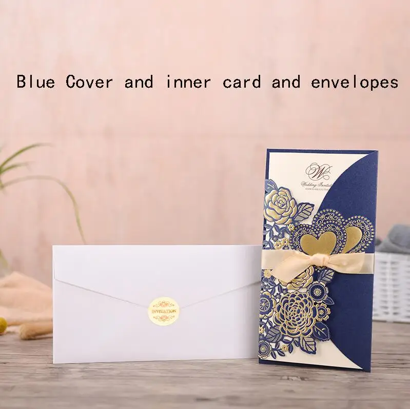One Set Blue 1 шт. образец белая Золотая лазерная резка свадебные пригласительные карты персонализированные пользовательские печати с лентой конверт Свадебные украшения - Цвет: One Set Blue